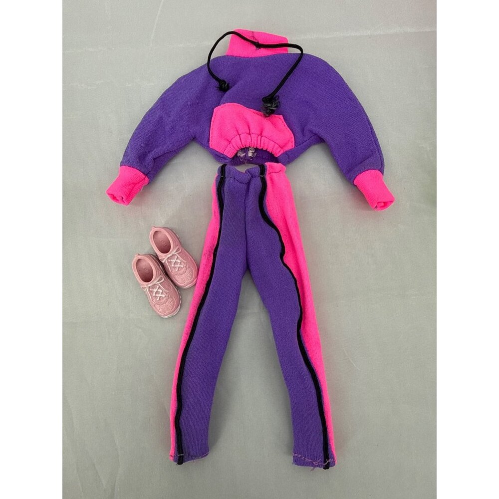 vintage Barbie doll skiing workout purple pink tracksuit matching pink shoes
